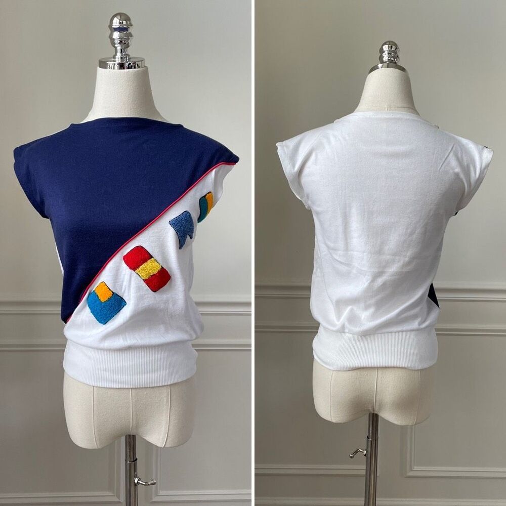 Vintage 70s Nautical Flag Boat Neck Sleeveless Top XS